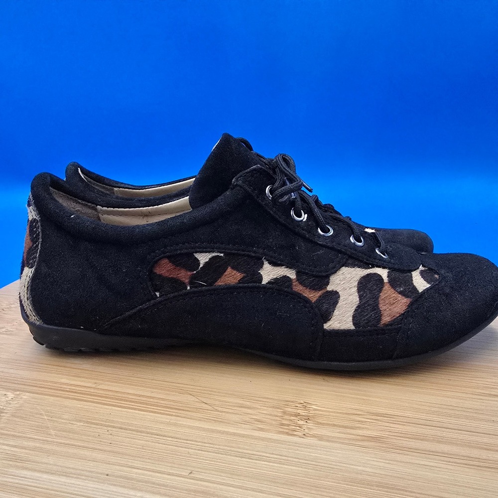 Van Eli Women's 7M‎ Black Suede Leopard Calf Hair Lace Up Driver Shoes Oxfords